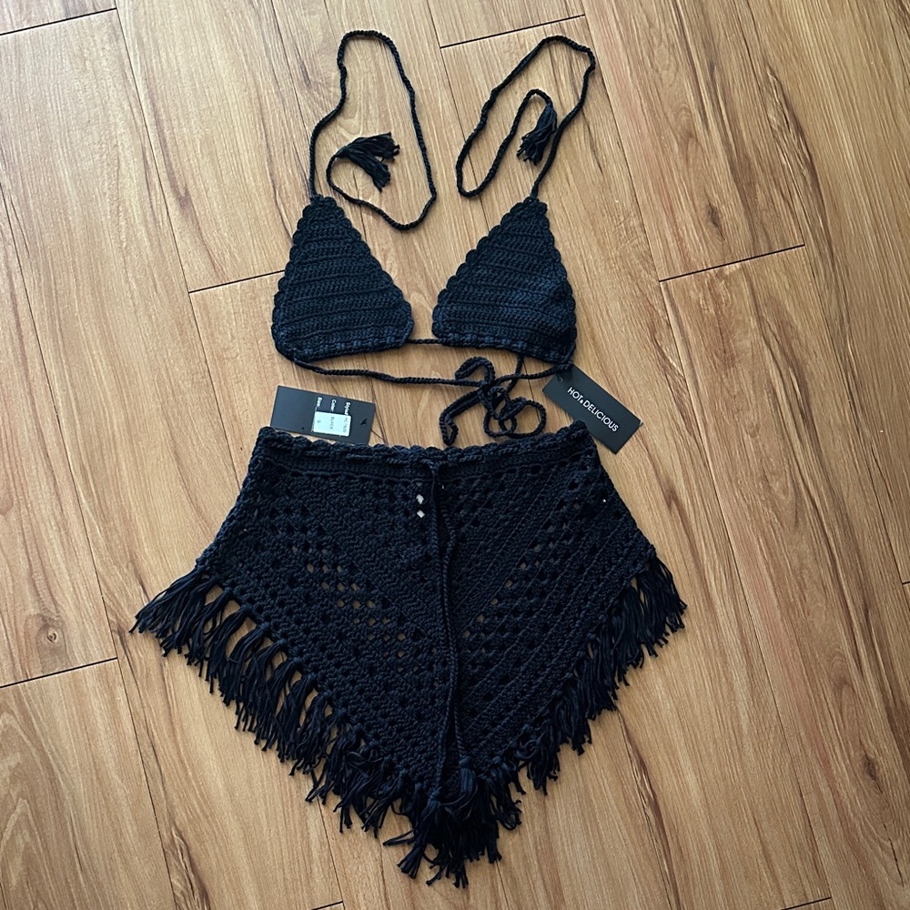 Black Crochet Bikini Top with Matching Skirt NWT Size Small
